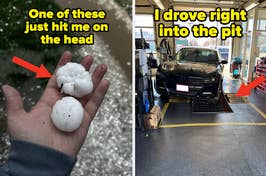 Hand holding large hailstones with caption; car at repair shop after hail damage