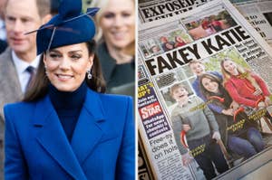 Split image: Left shows a woman in a blue outfit and hat; right features a tabloid with the headline "FAKEY KATIE."