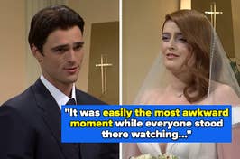 a skit from SNL of a bride in a veil and groom in a suit exchanging vows, with text about an awkward moment