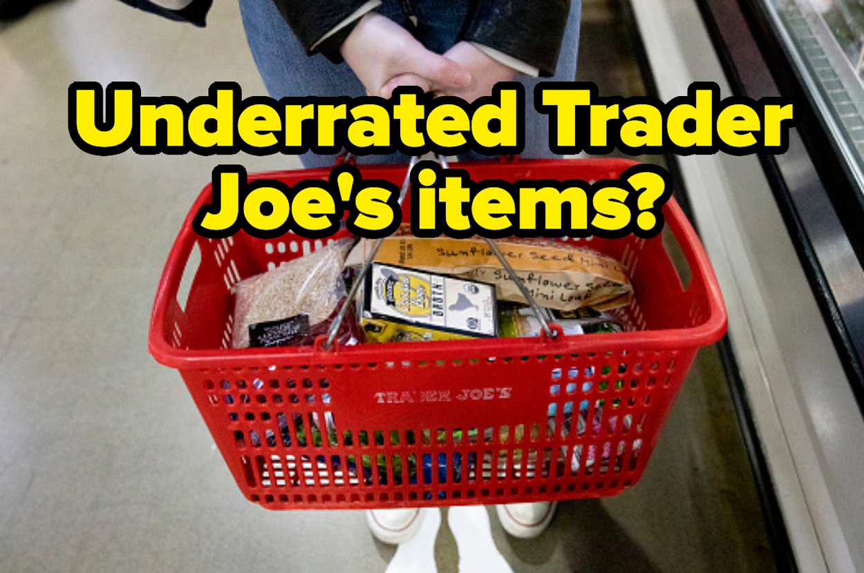 Person holding a red Trader Joe's shopping basket filled with various products, text asks "Underrated Trader Joe's items?"