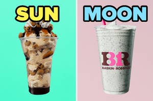 On the left, a cookie dough sundae from Baskin Robbins labeled sun, and on the right, a mint chocolate chip milkshake from Baskin Robbins labeled moon