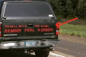 Rear view of a vehicle with humorous misspelled text decal that says Rember Perl Horber