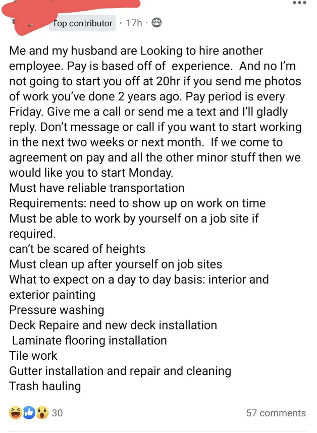 Job posting for construction and repair work with various requirements and experience details, including pay information
