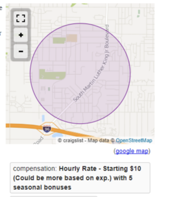 Screenshot of a map with a highlighted area and a job advertisement including hourly rate details starting with $10
