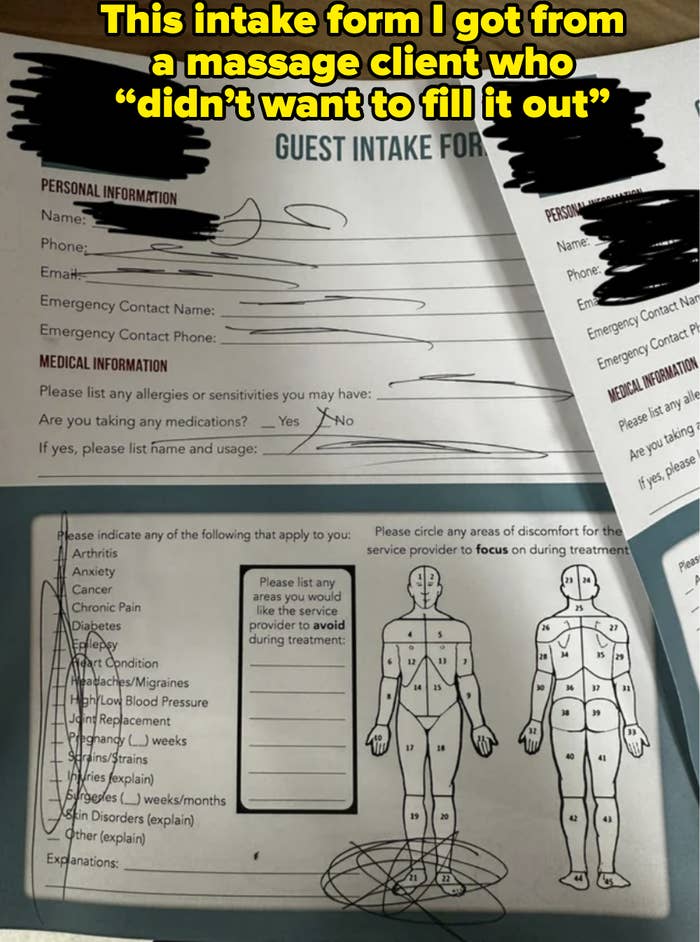 Scribbles on a massage intake form