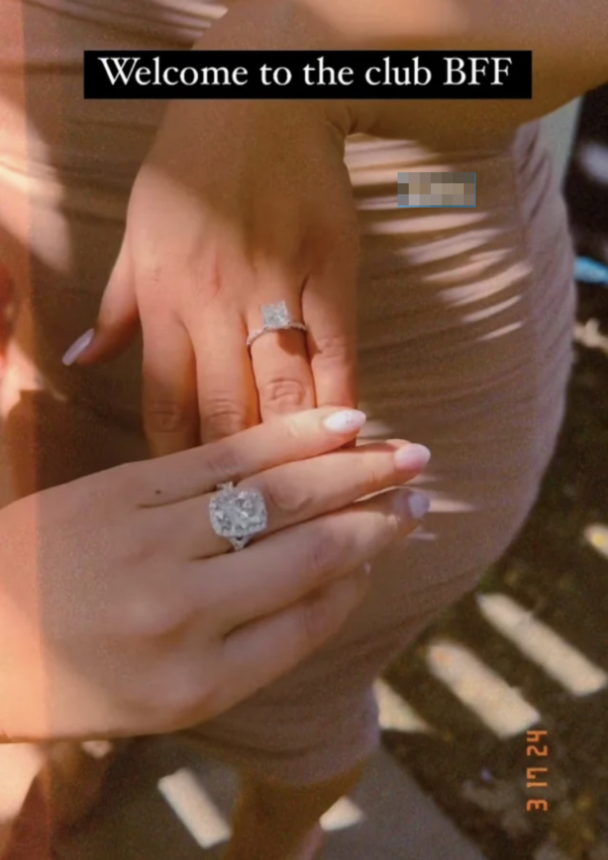 Two hands with diamond rings on ring fingers, text overlay reads &quot;Welcome to the club BFF&quot;