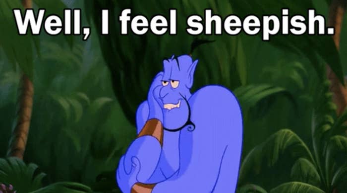 Genie from Aladdin appears sheepish with a caption saying &quot;Well, I feel sheepish.&quot;
