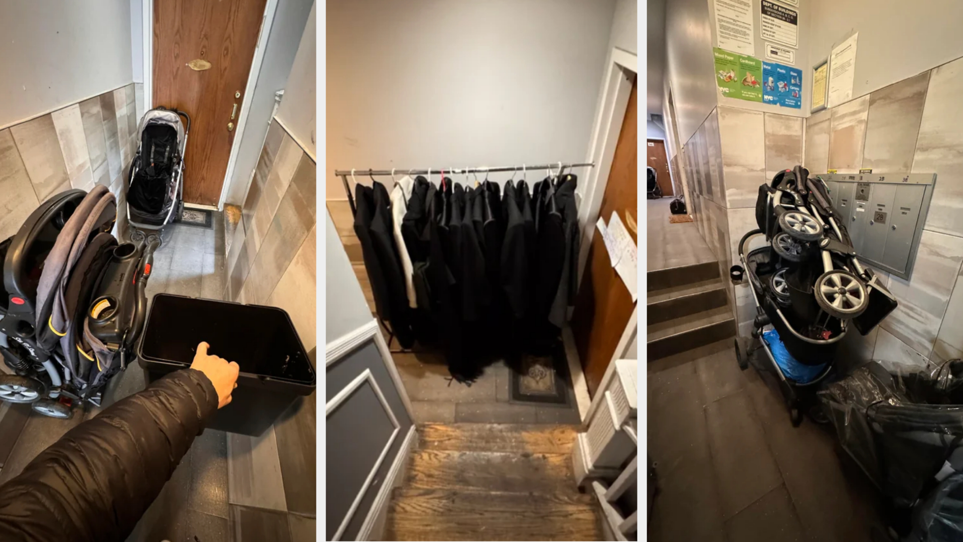 Three images showing a cluttered entryway before, an empty hallway, and an organized entryway with coats and shoes after cleaning