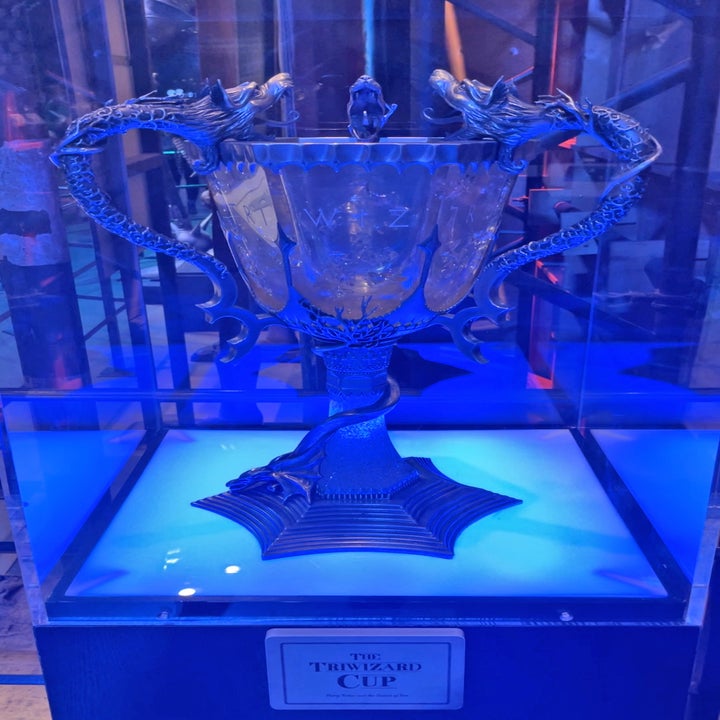 Trophy with dolphin-shaped handles on display, labeled "The Triwizard Cup" from the Harry Potter series