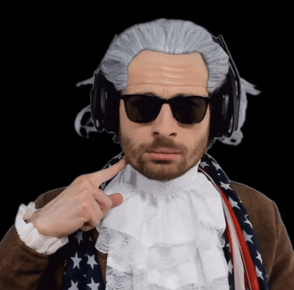 Person in modern headphones and colonial attire mimicking a historical figure, pointing to his jaw and mewing