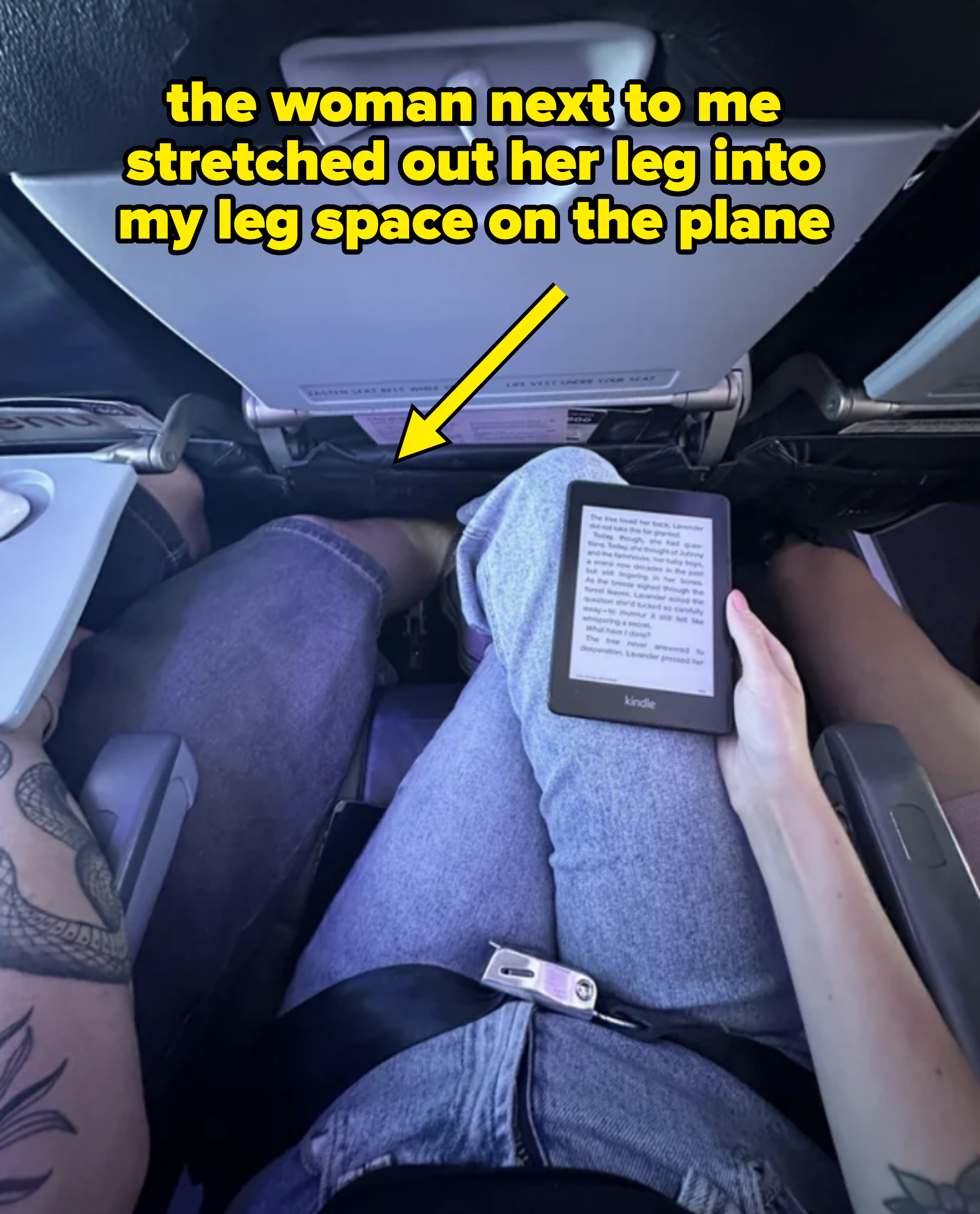a person&#x27;s leg infringing on someone else&#x27;s leg room on a plane