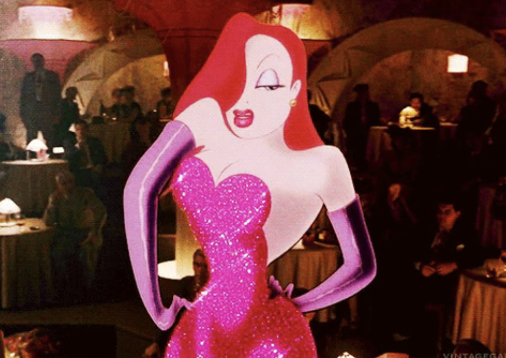 Jessica Rabbit in shimmering strapless dress, posing with hands on hips
