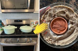 on left: green all-in-one pan on stove, on right: terracotta sugar saver in jar of brown sugar