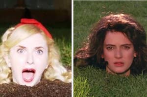 Photo montage of two scenes; one person with head trapped in a hole and another lying with head on grass