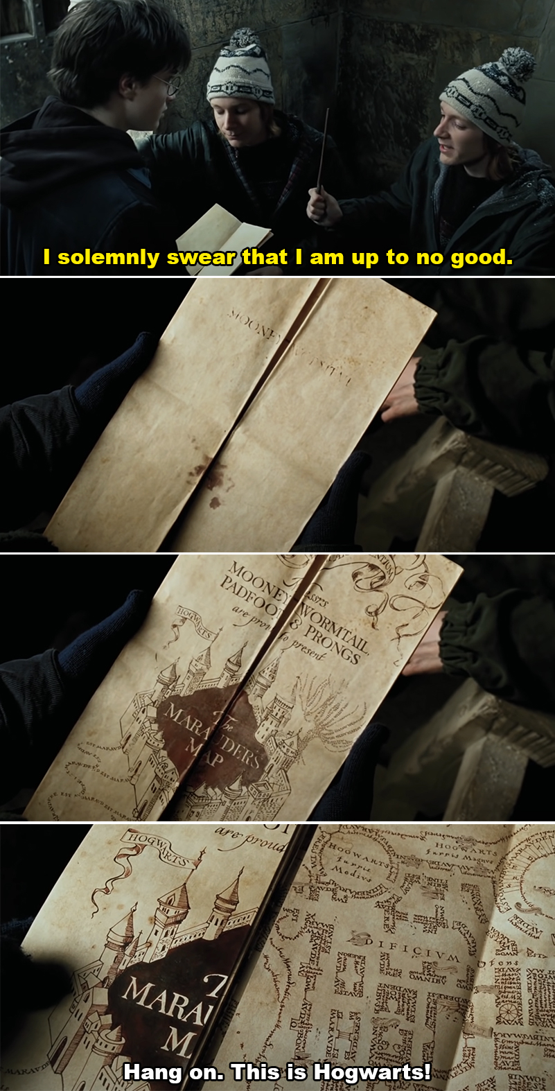 Harry Potter shows Marauder&#x27;s Map to Hermione and Ron, who look intrigued. The map is detailed with room names and footprints