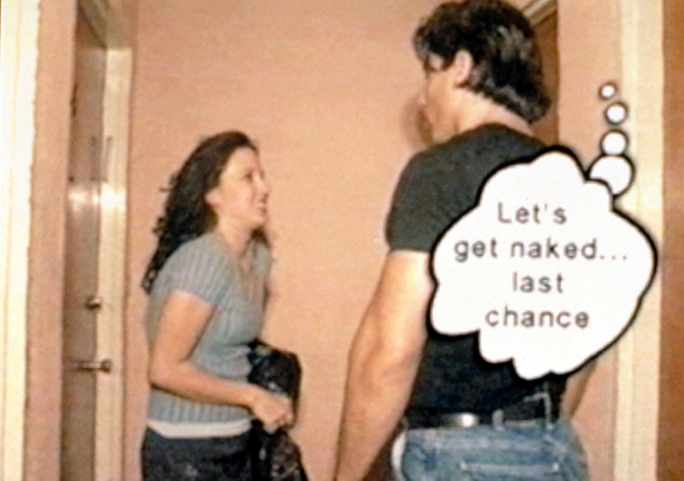 Image of a man and woman in a heated conversation with a thought bubble saying &quot;Let&#x27;s get naked... last chance&quot;