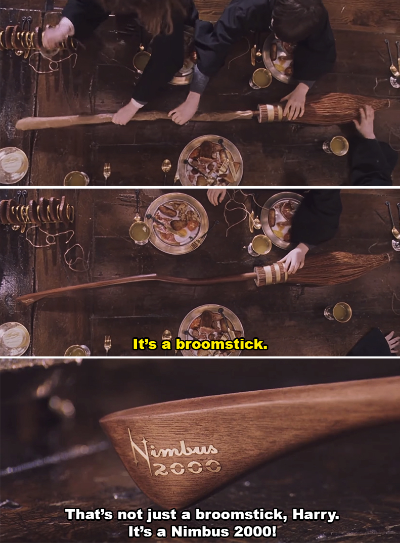 Top-down view of individuals at a wooden table with a close-up of a broom labeled Nimbus 2000; dialogue from Harry Potter film