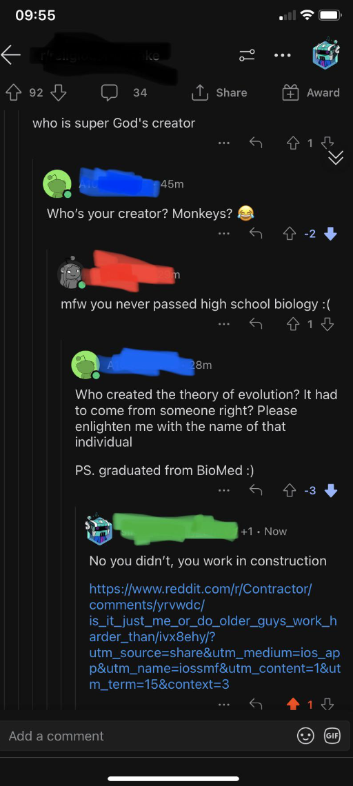 A screenshot of a Reddit comment thread where users humorously debate who created the theory of evolution