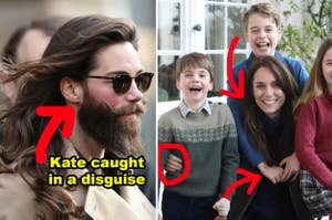 Split image: Kate Middleton wearing a fake beard vs. her and her kids in a photoshopped image together