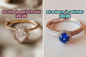On the left, a diamond engagement ring labeled on the beach in fall 2025, and on the right, a sapphire engagement ring labeled at a barn in winter 2026