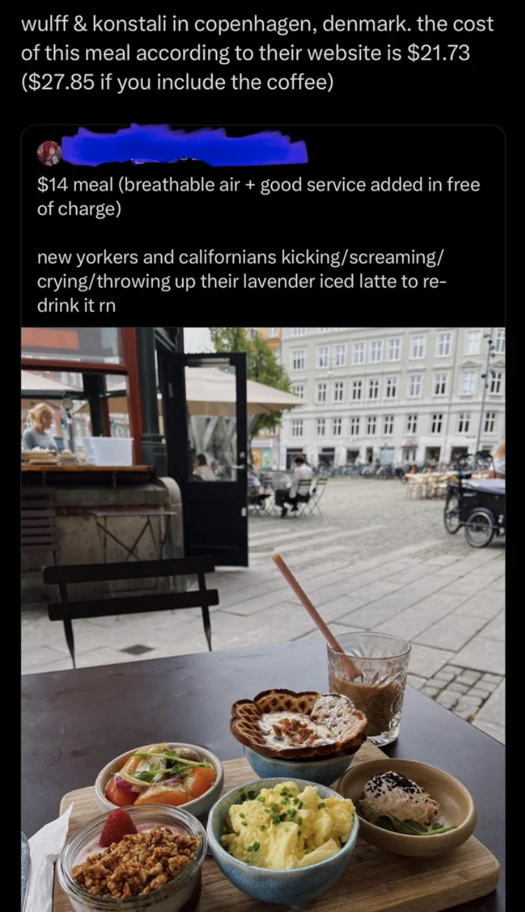 Photo comparing costs of a meal and coffee in Copenhagen with a display of various dishes on a table