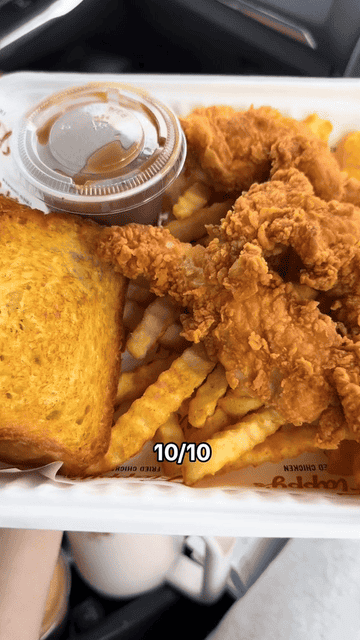 Plate with fried chicken, toast, fries, and sauce, with a '10/10' rating text overlay
