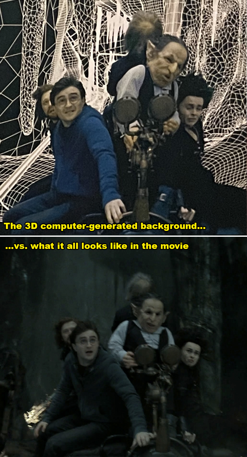 Harry Potter film characters in front of a green screen and the final movie scene with CGI background