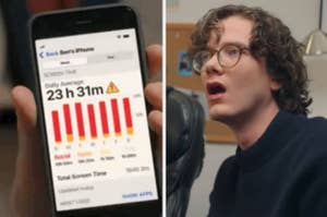 A person shocked at seeing a phone screen showing a daily average screen time of 23 hours and 31 minutes