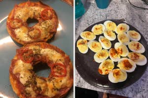 A cheese-topped bagel with deviled eggs next to it