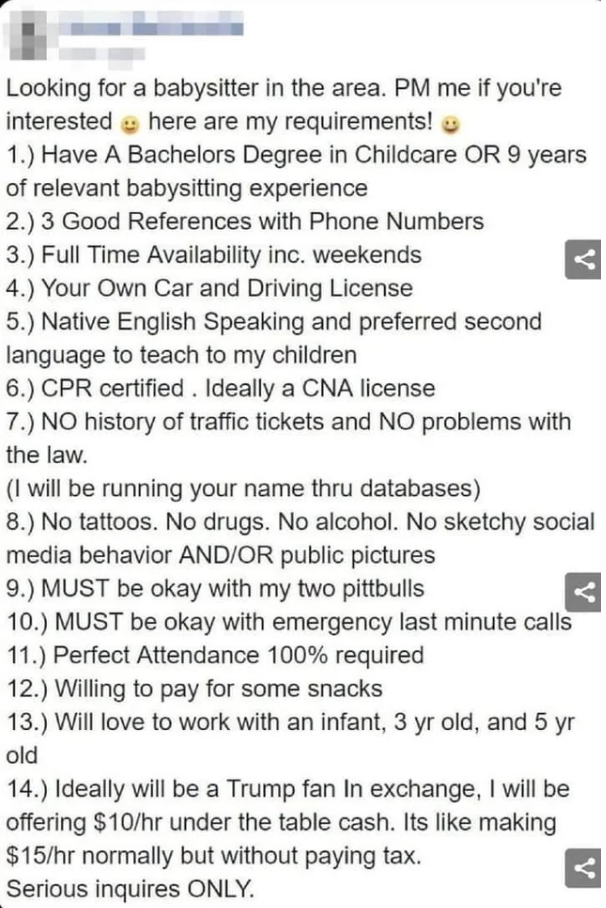 Text from an online post seeking a babysitter with specific and humorous requirements and compensation details
