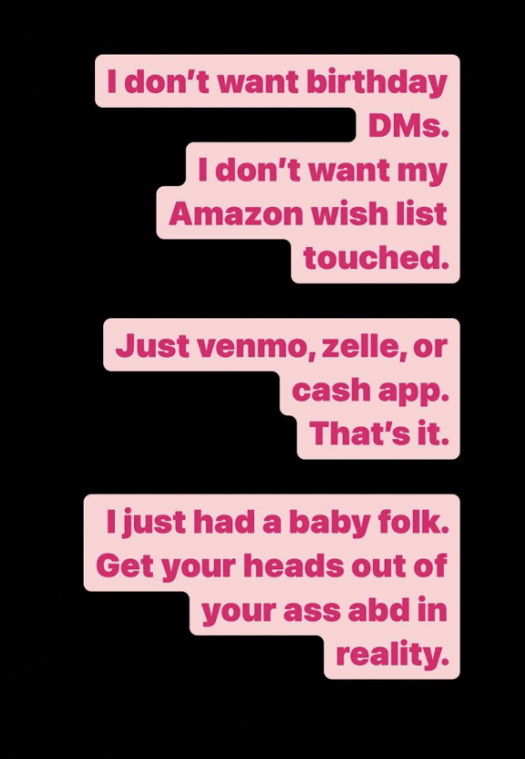Image contains text expressing a person&#x27;s preference for money gifts via Venmo, cash app, or Zelle over traditional birthday wishes