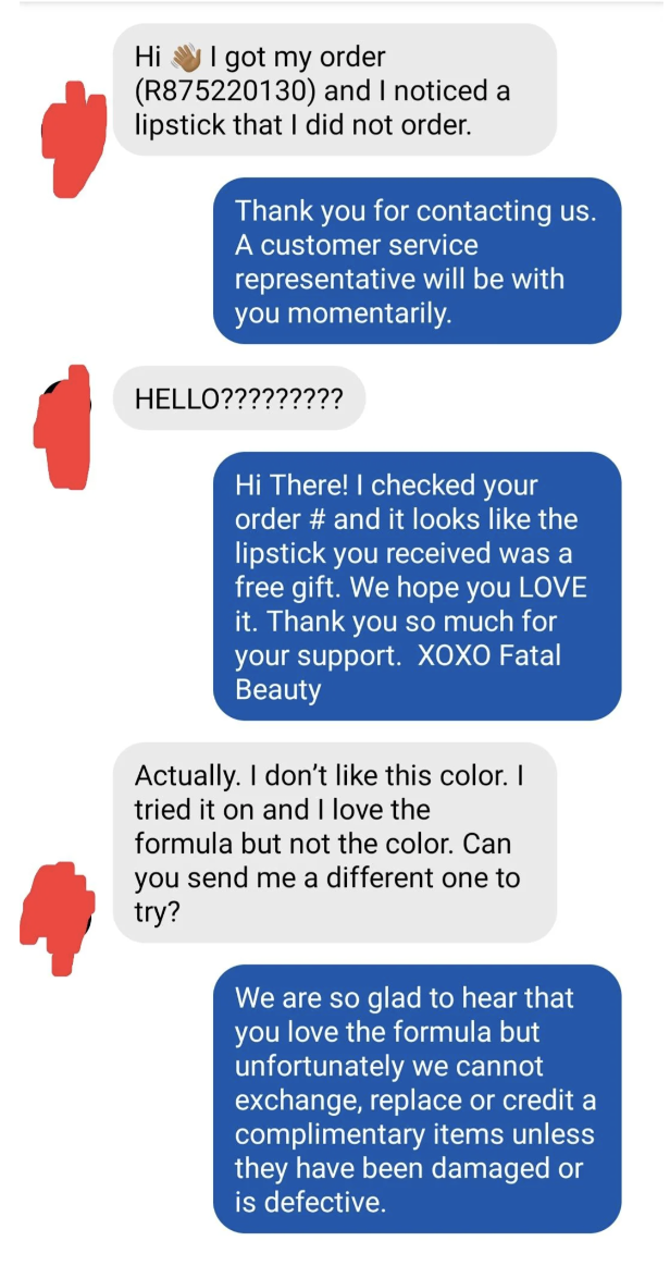 An exchange of text messages between a customer and a beauty company&#x27;s customer service, addressing a product issue and return policy