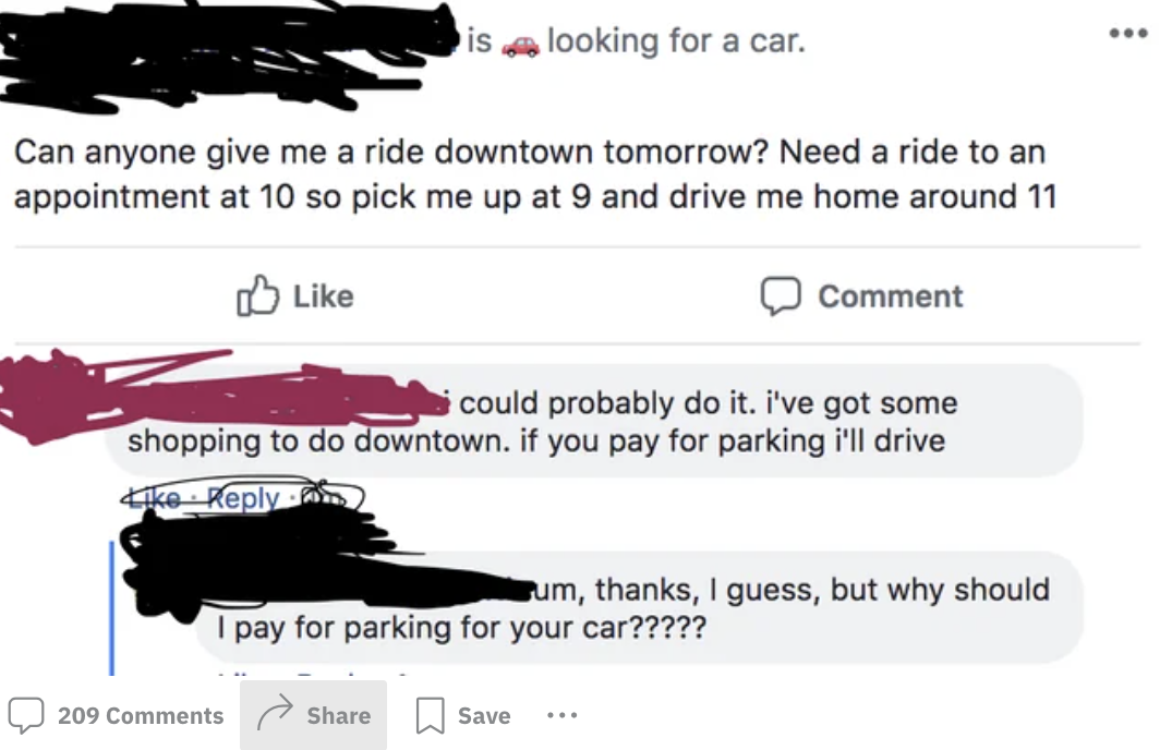 Facebook post seeking a ride downtown with a friend offering help if parking is paid for; confusion about who pays for parking follows