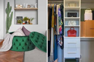 Two images side-by-side; left shows a cozy reading nook with a green tufted cushion, right is an organized closet with shelves and hanging clothes