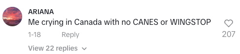 User named ARIANA comments on missing CANES and WINGSTOP food in Canada, with crying emoji