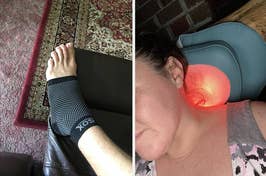 Person with a wrist brace on their left hand; another individual using a red light therapy device on their neck