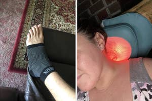 Person with a wrist brace on their left hand; another individual using a red light therapy device on their neck
