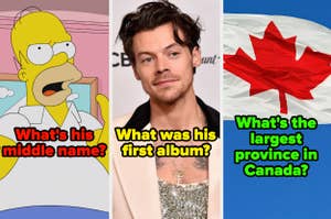 Three separate images: Homer Simpson animated character, Harry Styles in a sequined top, and a Canadian flag with a trivia question