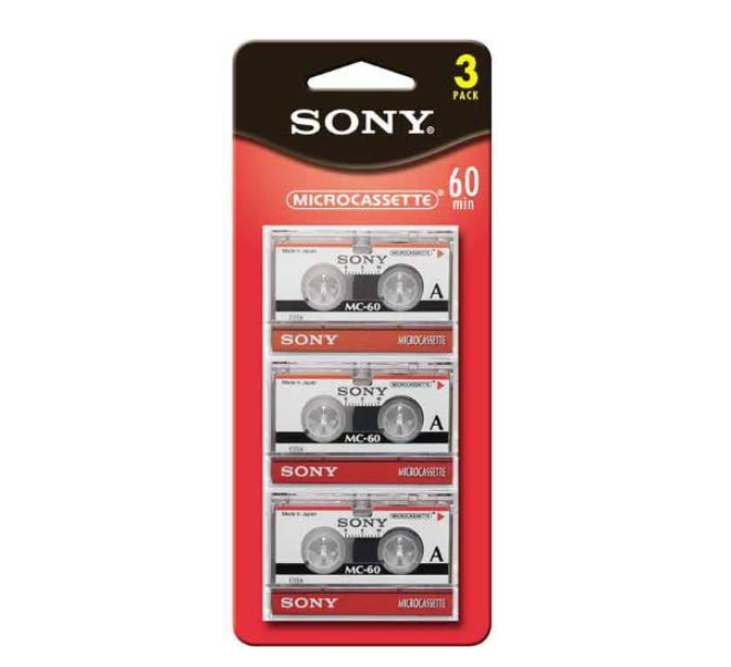 A pack of three Sony 60-minute microcassettes in plastic casing, used for recording