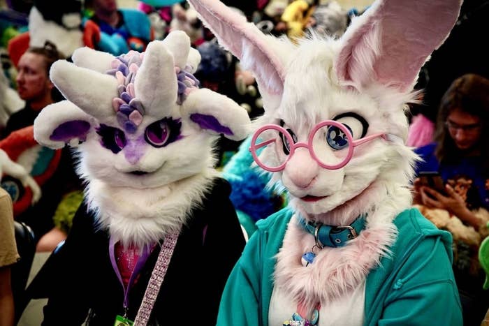 Two people in elaborate furry costumes with animal-like characteristics, one wearing glasses