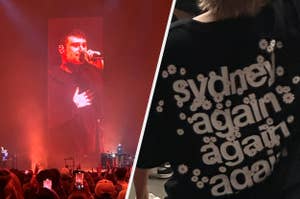 Singer performing on stage, audience in foreground, split with a photo of a shirt back with "sydney again again!" text