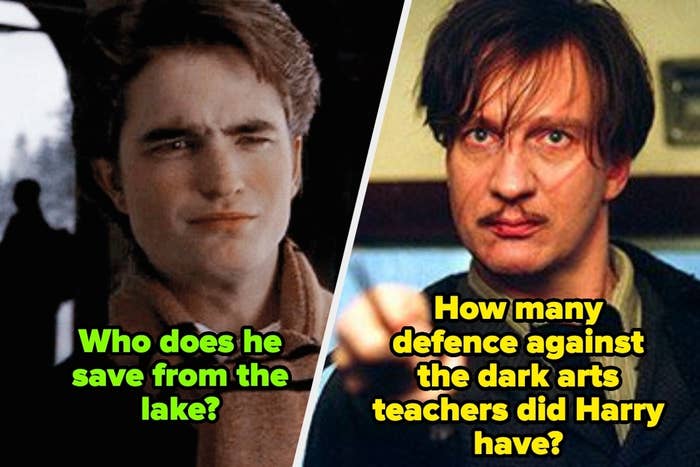 Two stills from Harry Potter films showing Ron Weasley and Remus Lupin with trivia questions.