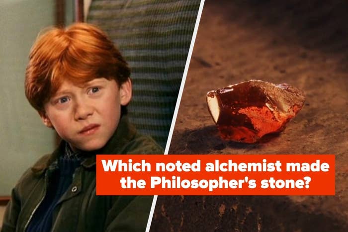 Ron Weasley looks at the Philosopher's Stone; question asks which alchemist made it
