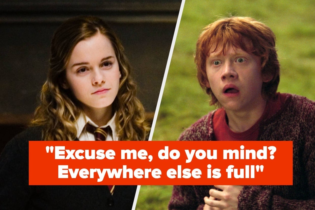 Hermione Granger and Ron Weasley in a scene from Harry Potter with a quote overlay: &quot;Excuse me, do you mind? Everywhere else is full.&quot;
