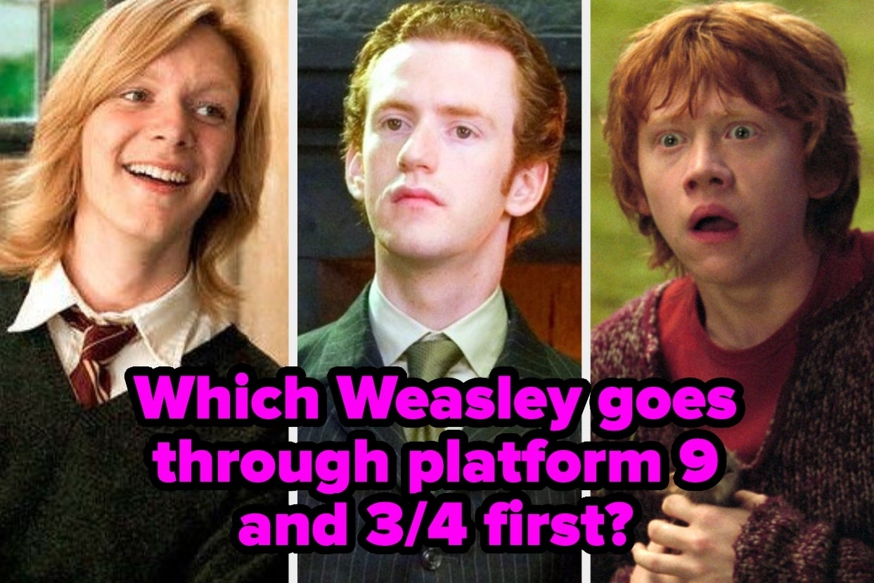 Fred, George, and Ron Weasley, characters from Harry Potter, looking surprised with a trivia question overlaid