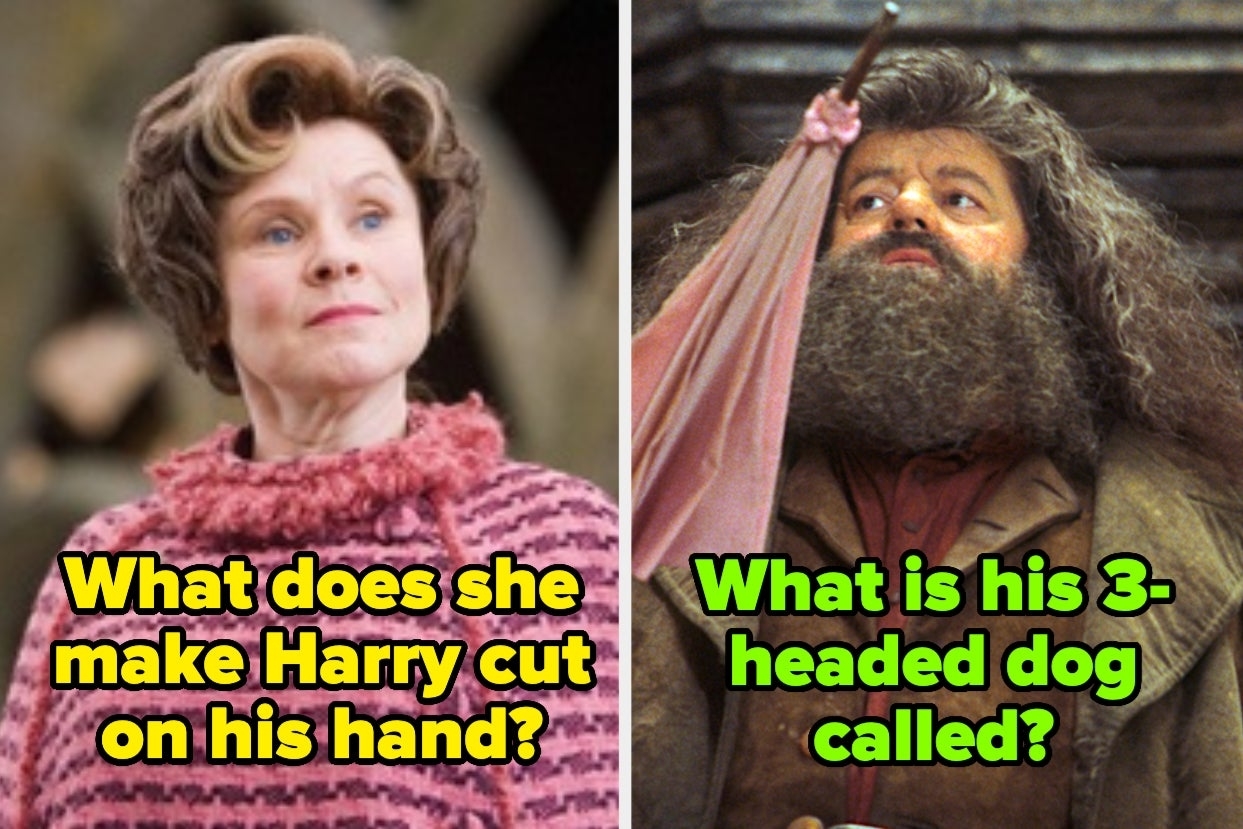 Dolores Umbridge and Rubeus Hagrid in scenes from Harry Potter films with trivia questions over the images