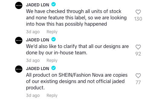 Three tweets from JADED LDN addressing counterfeit issues with SHEIN/Fashion Nova and their design ownership