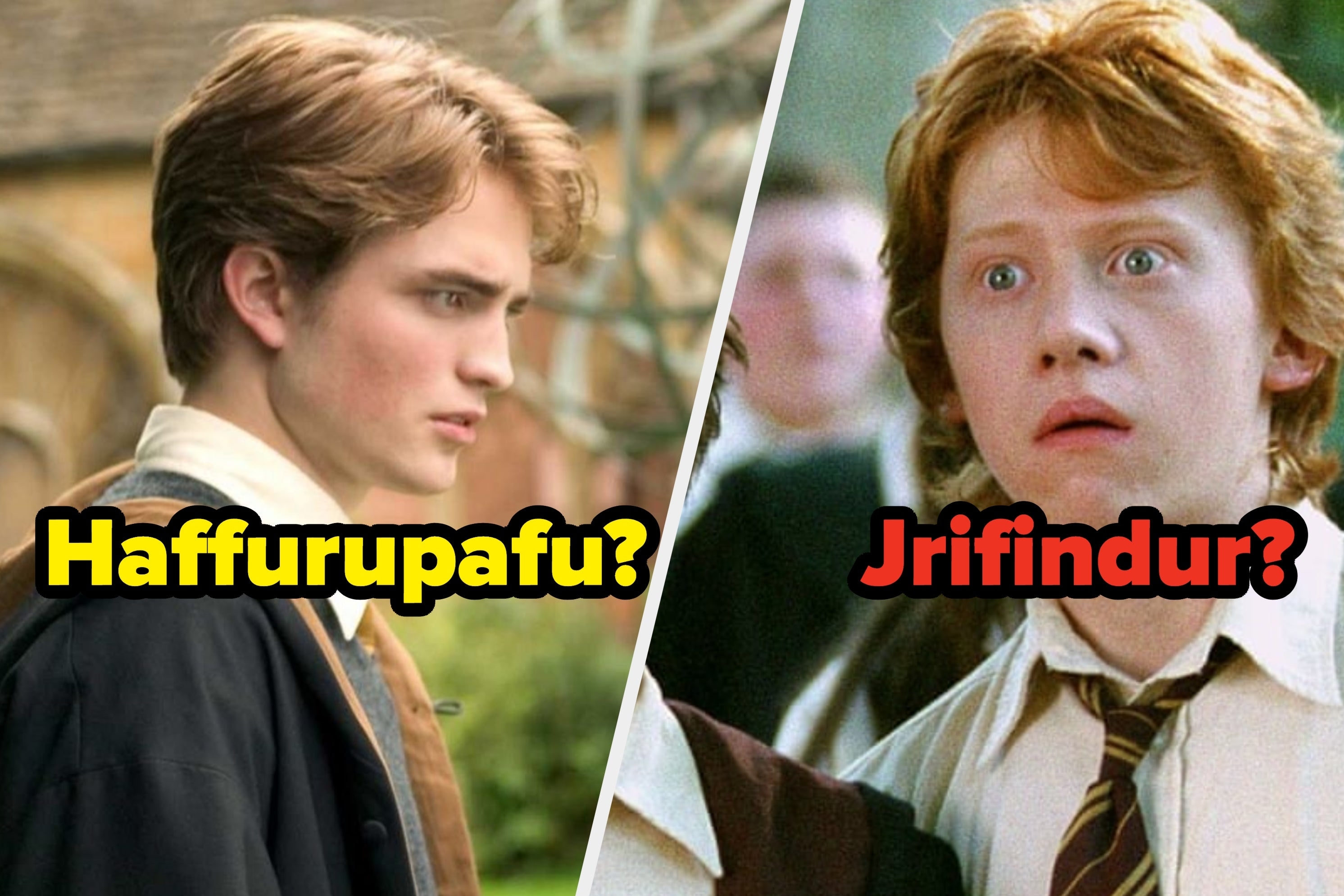 Side-by-side images of Cedric Diggory and Ron Weasley with humorous text mimicking Harry Potter house names