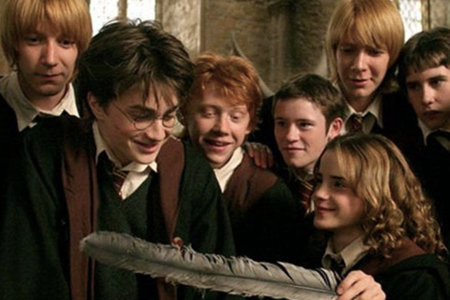 Group of Harry Potter characters smiling with a large feather