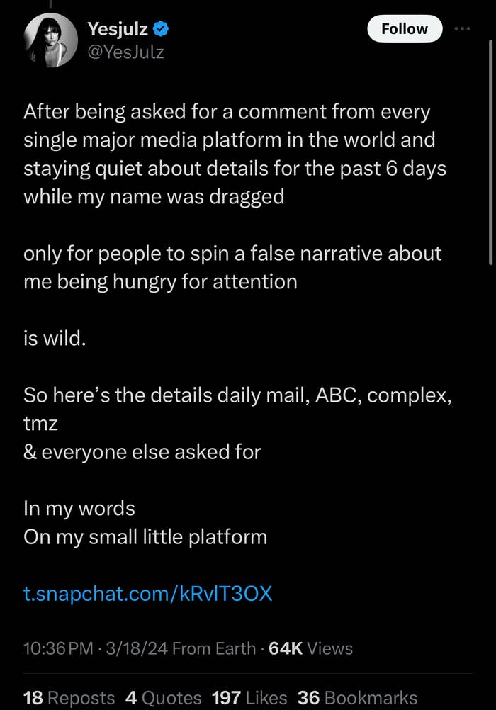 Text from a tweet by YesJulz expressing frustration about being asked for comments on her statement on every major media platform